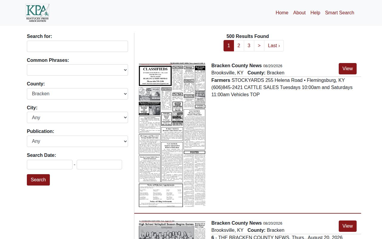 Kentucky Public Notice search interface for Bracken County