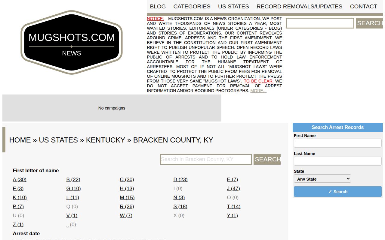 Historical navigation on the unofficial Mugshots.com Bracken County page