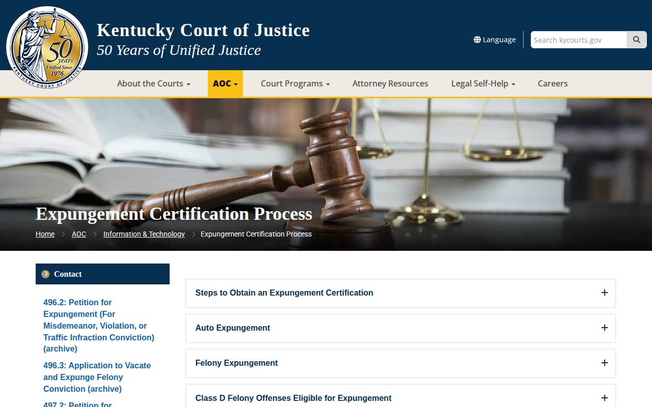 Kentucky Courts expungement information page